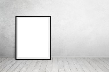 Poster çerçevesi metin için boş alan ile duvara yaslandı. Sanat ürün mockup tanıtımı için boş alan