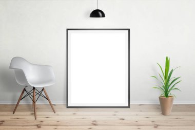 Resim çerçevesi mockup. Sandalye ve bitki ile oturma odası iç