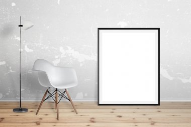 Boş poster çerçevesi mockup için. Lamba ve sandalye yanında