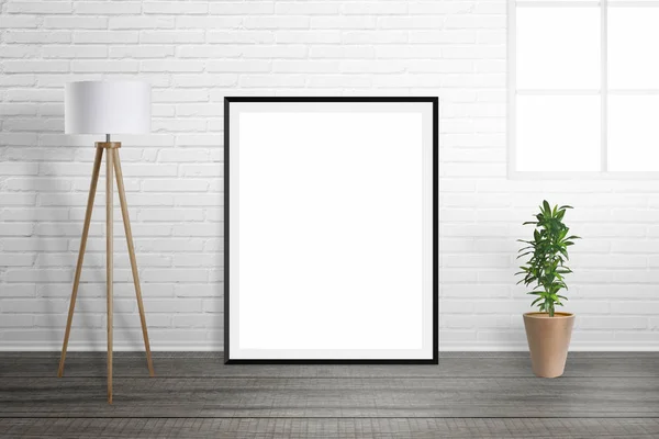 Maketa rámeček plakátu. Interiér pokoje s lampou a rostlin. Cihlová zeď a okno v pozadí — Stock fotografie