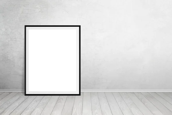 Quadro de cartaz inclinado na parede com espaço livre para texto. Espaço vazio para apresentação de mockup de produto de arte — Fotografia de Stock