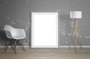 Resim çerçevesi mockup. Sandalye ve lamba yanında.