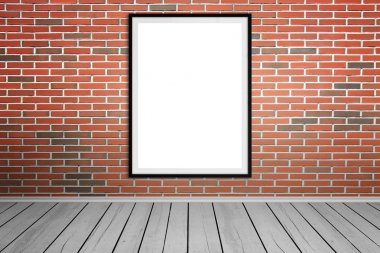 Boş resim çerçevesi üzerinde tuğla duvar mockup, sanat, tasarım sunum için. Ahşap zemin.