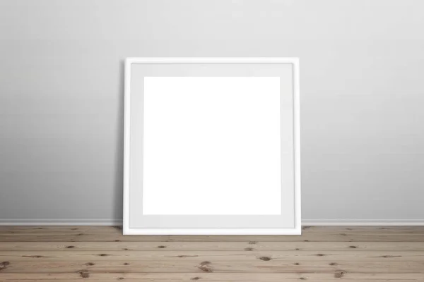 Wit foto frame mockup. Geïsoleerde frame voor kunst, ontwerp presentatie. Frame leunend op de witte muur. Houten vloer. — Stockfoto