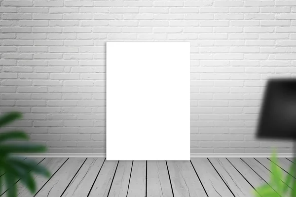 Tom art canvas lutande på tegelvägg. Isolerad för mockup. — Stockfoto