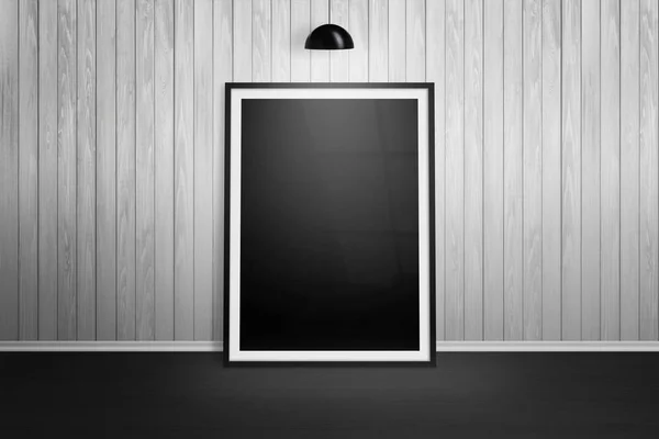 Modélisation du cadre photo. Cadre appuyé sur un mur en bois blanc. Lampe noire suspendue . — Photo