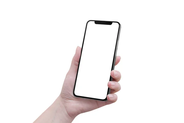 Mano de mujer aislada con teléfono inteligente moderno con pantalla curva x en blanco . —  Fotos de Stock