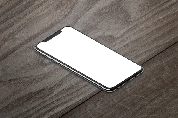 X mobile phone with curved display in isometric position on wooden table. Blank screen for mockup. — Stock Photo, Image