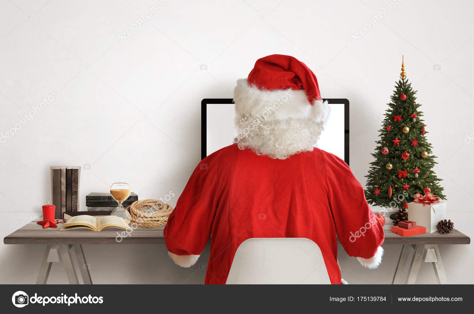 Santa Claus Work His Computer Christmas Tree Gifts Canta Work