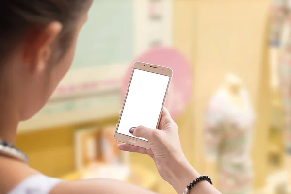 Жінка Використовує Мобільний Телефон Покупок Ізольований Білий Екран Запису Тексту — стокове фото