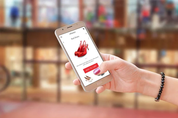 Online Shoping Handel App Website Vrouw Bedrijf Moderne Smartphone Winkelcentrum — Stockfoto