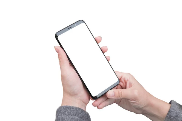 Geïsoleerde Slimme Telefoon Handen Van Vrouw Geïsoleerde Scherm Voor Mockup — Stockfoto