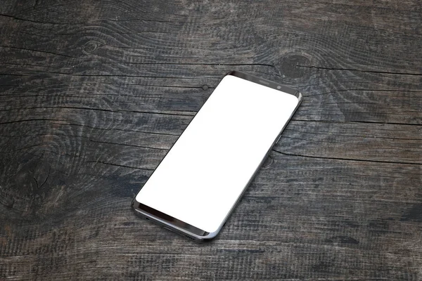 Handy Mit Isoliertem Bildschirm Auf Schwarzem Holztisch Modernes Smartphone Mit — Stockfoto