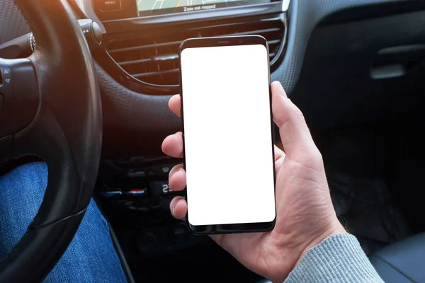 Smart Phone Isolated Screen Mockup Car Driver Hand Close Steering — Stock Photo, Image