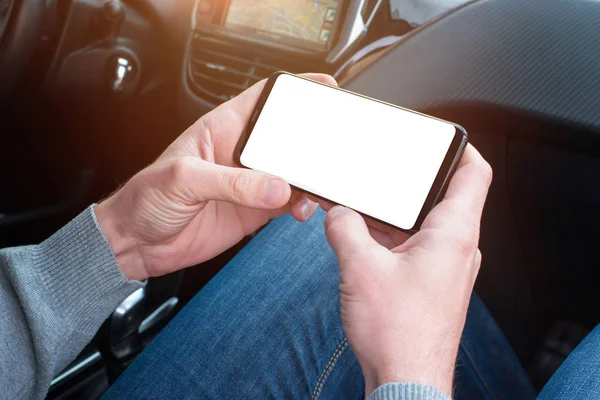 Smartphone Passenger Hand Promote Interface Navigation Applications Connecting Car Computer — Stock Photo, Image