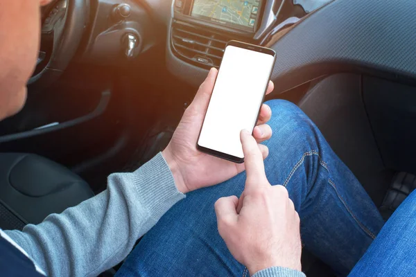 Пассажир Использует Мобильный Телефон Изолированным Дисплеем Макета Приложения Презентации Веб — стоковое фото