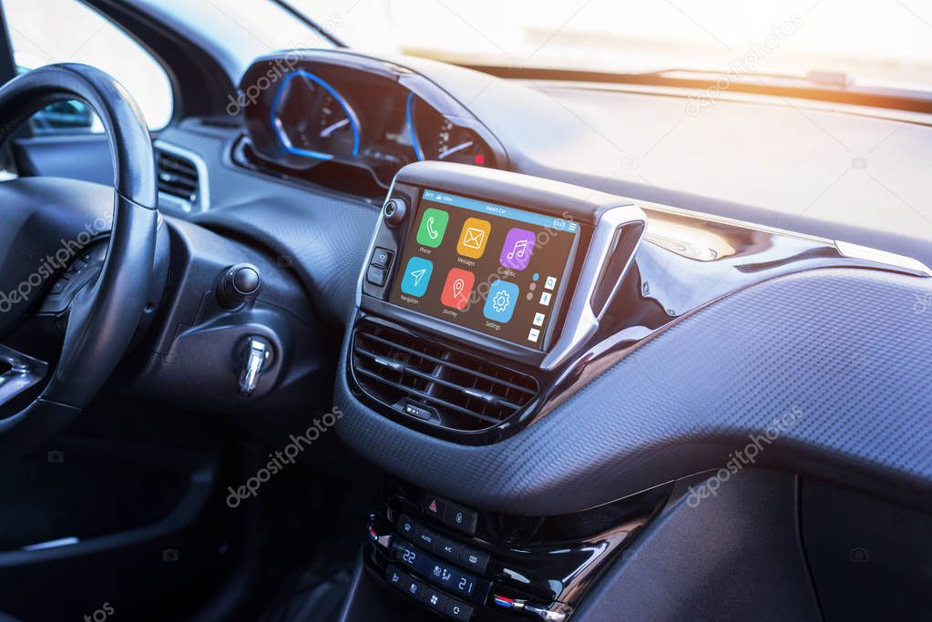 Modern car infotainment system with phone, messages, music, navigation, journey apps.