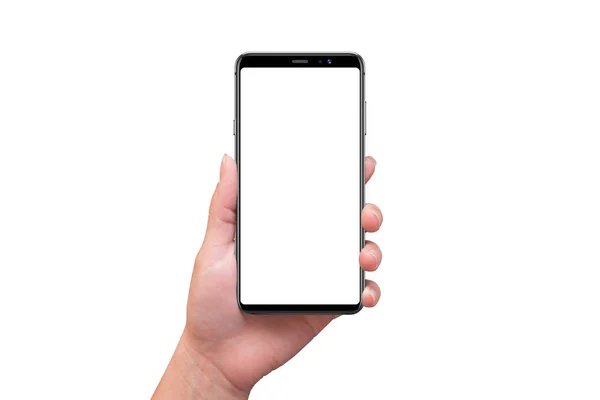 Modernes Smartphone Mit Runden Kanten Frauenhand Isolierter Bildschirm Und Hintergrund — Stockfoto