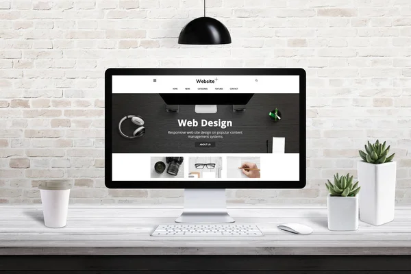 Responsiv Webbplats Design Presentation Datorskärmen Moderna Kontor Interiör Med Tegelvägg — Stockfoto
