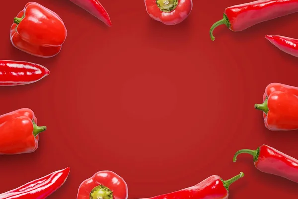 Red Peppers Red Surface Free Space Middle Text Logo Promotion — Stock Photo, Image