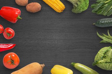 Siyah ahşap yüzey kopya alanı orta ile sebze.