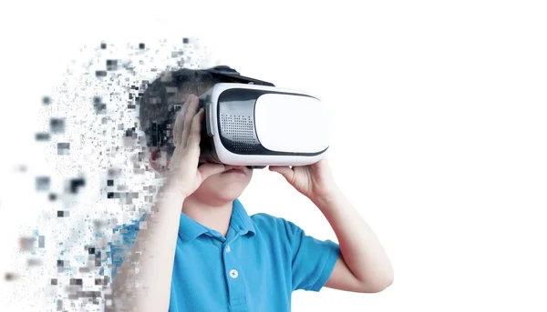 Boy Pixelated While Using Virtual Reality Glasses Virtual Reality Concept — Stock Photo, Image