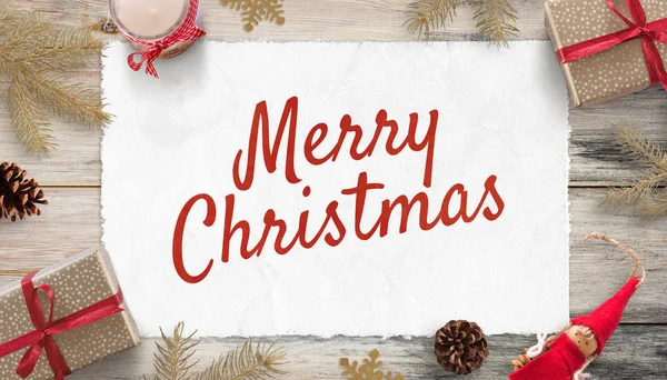 Tarjeta Felicitación Feliz Navidad Rodeada Decoraciones Regalos Navideños Antigua Composición — Foto de Stock