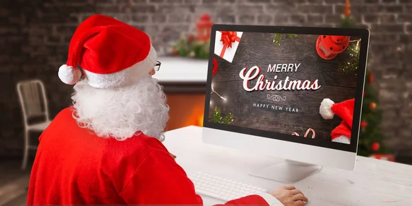 Feliz Natal Feliz Ano Novo Cartão Saudação Tela Computador Santa — Fotografia de Stock