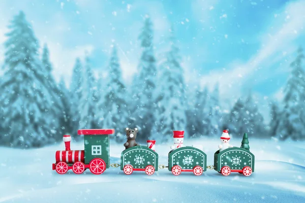 Roztomilý Vlak Sněhu Vánoce Novoroční Pozadí Spoustou Sněhových Vloček Sněhové — Stock fotografie