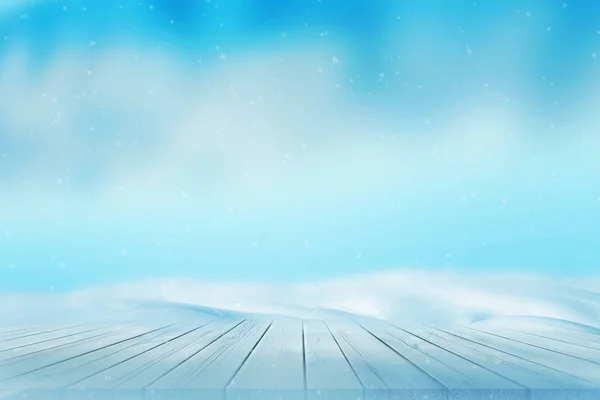 Zimowe Tło Stołem Pokrytym Śniegiem Niebieskie Tło Małymi Płatkami Śniegu — Zdjęcie stockowe