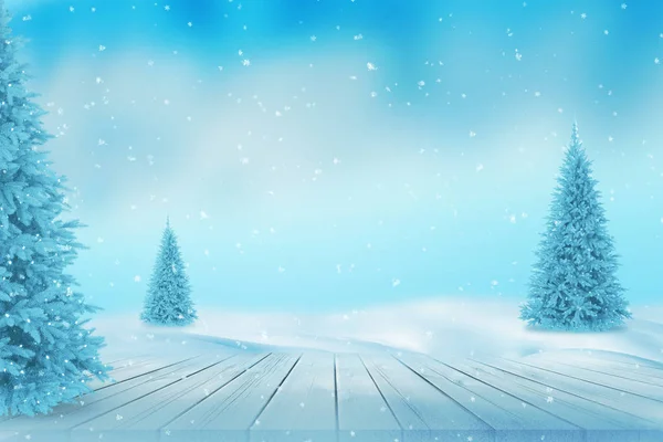 Zimowa Scena Stołem Drzewami Śniegiem Tło Świąteczne Miejscem Tekst Powitalny — Zdjęcie stockowe