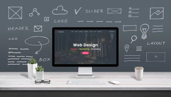 Concepto Diseño Web Con Pantalla Ordenador Tema Web Dibujos Sitio —  Fotos de Stock