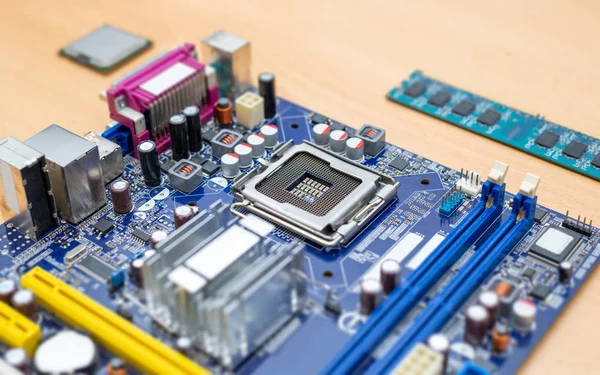 Lga Socket Motherboard Close Blue Motherboard Processor Ram Module — Stock Photo, Image