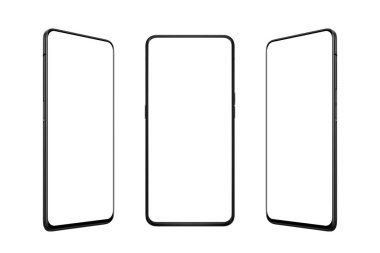 İzole akıllı telefon üç pozisyonda. Öne, sola ve sağa. Model, uygulama veya web sitesi tanıtımı için izole ekran. İnce kenarlı modern cep telefonu