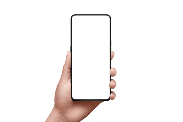Telefoonmodel Meisjeshand Moderne Smartphone Met Dunne Randen Geïsoleerd — Stockfoto