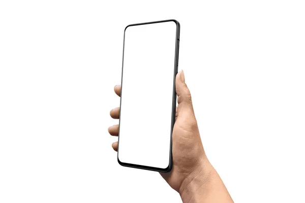 Hand Met Moderne Smartphone Zonder Camera Geïsoleerde Achtergrond Scherm Voor — Stockfoto