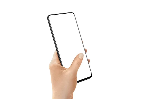 Modernes Mobiltelefon Mit Dünnen Kanten Frauenhand Isolierter Bildschirm Für Attrappen — Stockfoto