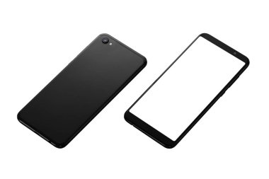 Telefon önden ve arkadan izole edilmiş. İnce kenarlı modern telefon. Yakın çekim, izometrik konum