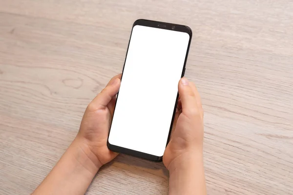Phone Mockup Kid Hands Modern Phone Thin Edges Isolated Screen — 스톡 사진