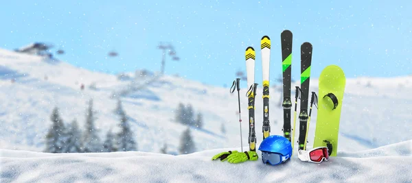 Ski Poles Snowboard Gloves Helmet Goggles Pinned Snow Ski Resort — Stock Photo, Image