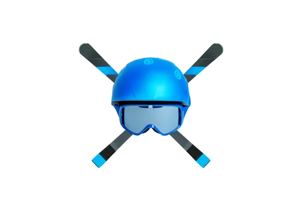 Capacete Esqui Azul Isolado Com Óculos Esquis Cruzados — Fotografia de Stock