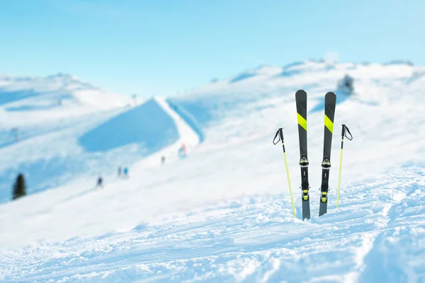 Skis Poles Pinned Snow Ski Slope Background Concept Alpine Skiing — Stock Photo, Image
