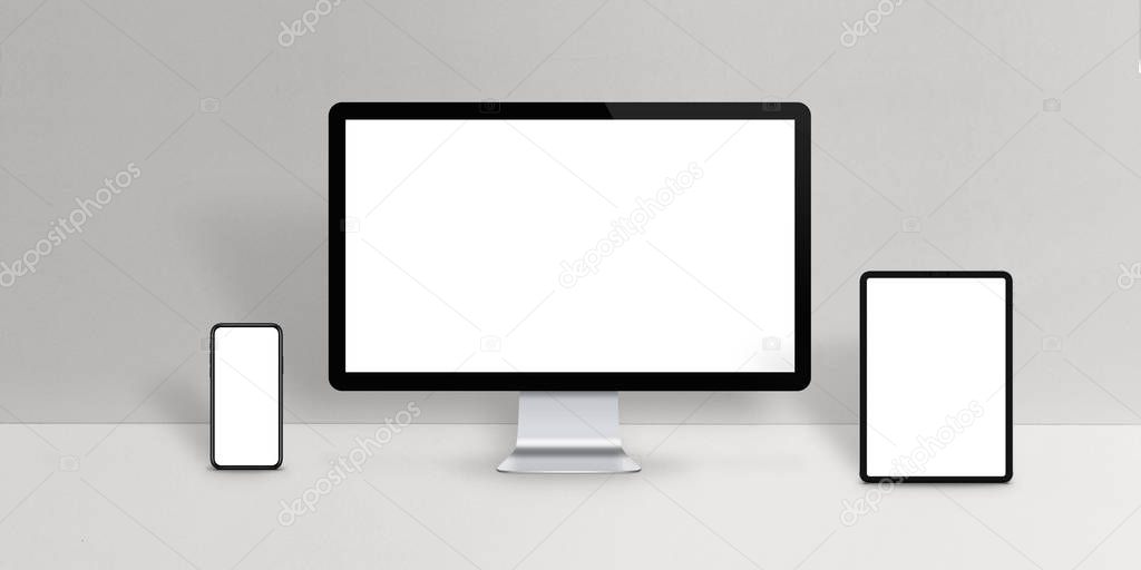 Work desk with smart phone, computer display and tablet mockup. Responsive web and app design promotion concept. 3d renders