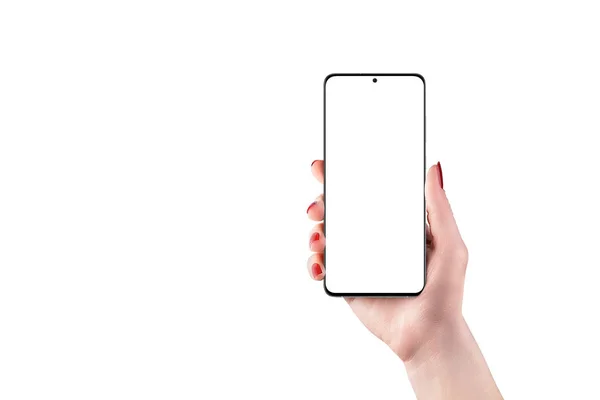 Moderne Smart Phone Mockup Vrouw Hand Geïsoleerd Zacht Licht Geretoucheerde — Stockfoto