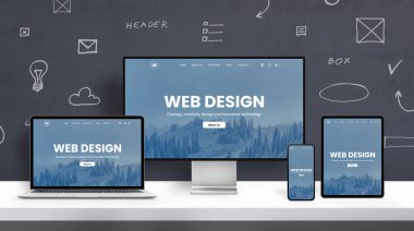 Farklı ekran cihazlarında ilgili web tasarım sayfası tanıtımı. Ofis stüdyo masası cioncept duvarında web grafik unsurları