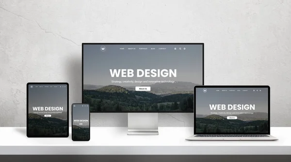 Web Design Studio Προώθησης Σελίδα Διαφορετικές Συσκευές Προβολής Έννοια Ιστοσελίδας — Φωτογραφία Αρχείου