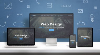 Web tasarımı stüdyo sitesi cevap veren tasarım sunumu bilgisayar ekranı, dizüstü bilgisayar, akıllı telefon ve tablet. Web tasarım konsepti öğelerine sahip mavi duvar