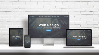 Web tasarım ajansı konsept sunumu farklı boyutlardaki görüntüler üzerine. Modern düz web tasarım şablonu, tema konsepti. Arkaplanda beyaz tuğla duvar