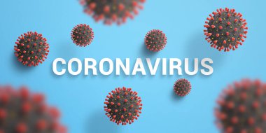 Coronavirus virions mavi masadaki metne düşer. Üst görünüm, düz konum