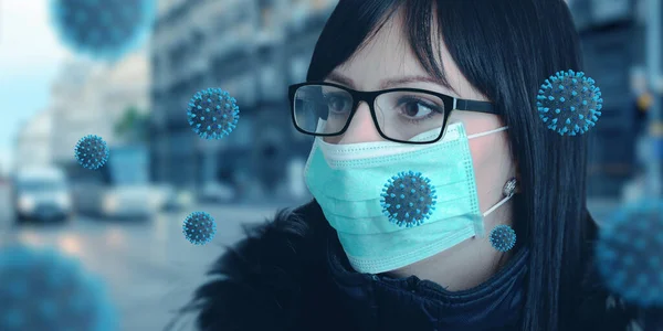 Woman with a mask on the street surrounded by corona viruses concept. City street with cars in background